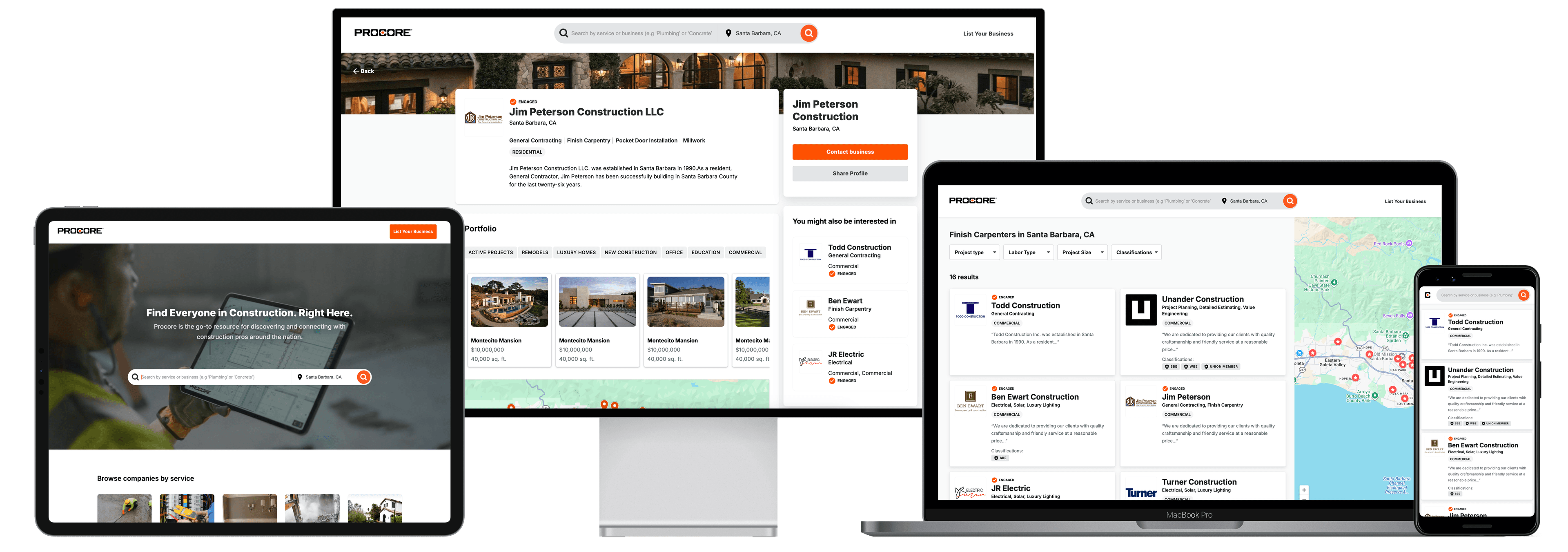 Procore Construction Network across desktop, laptop, tablet, and mobile.