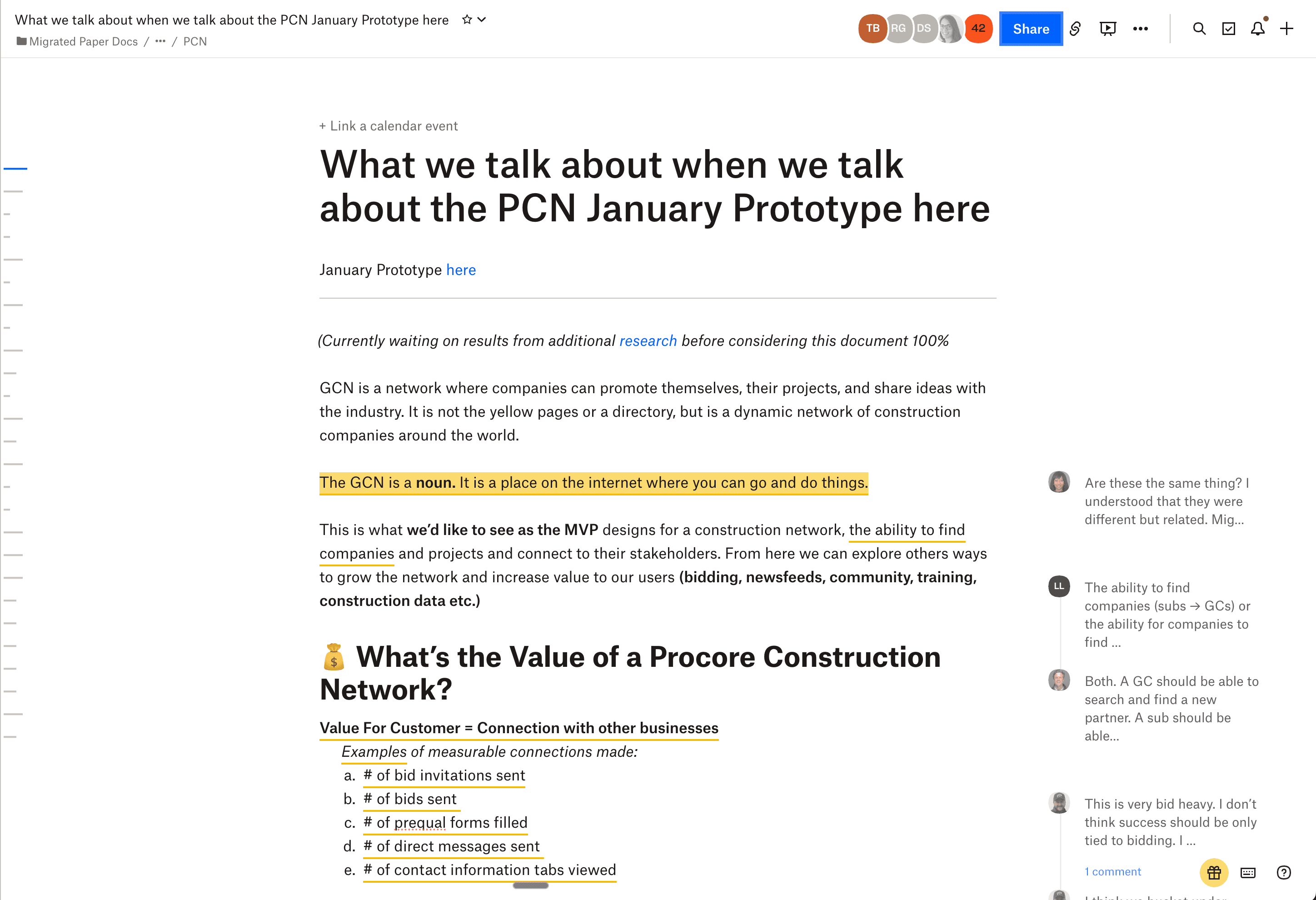 Internal strategy document in Dropbox Paper: PCN prototype vision, value, and MVP goals.